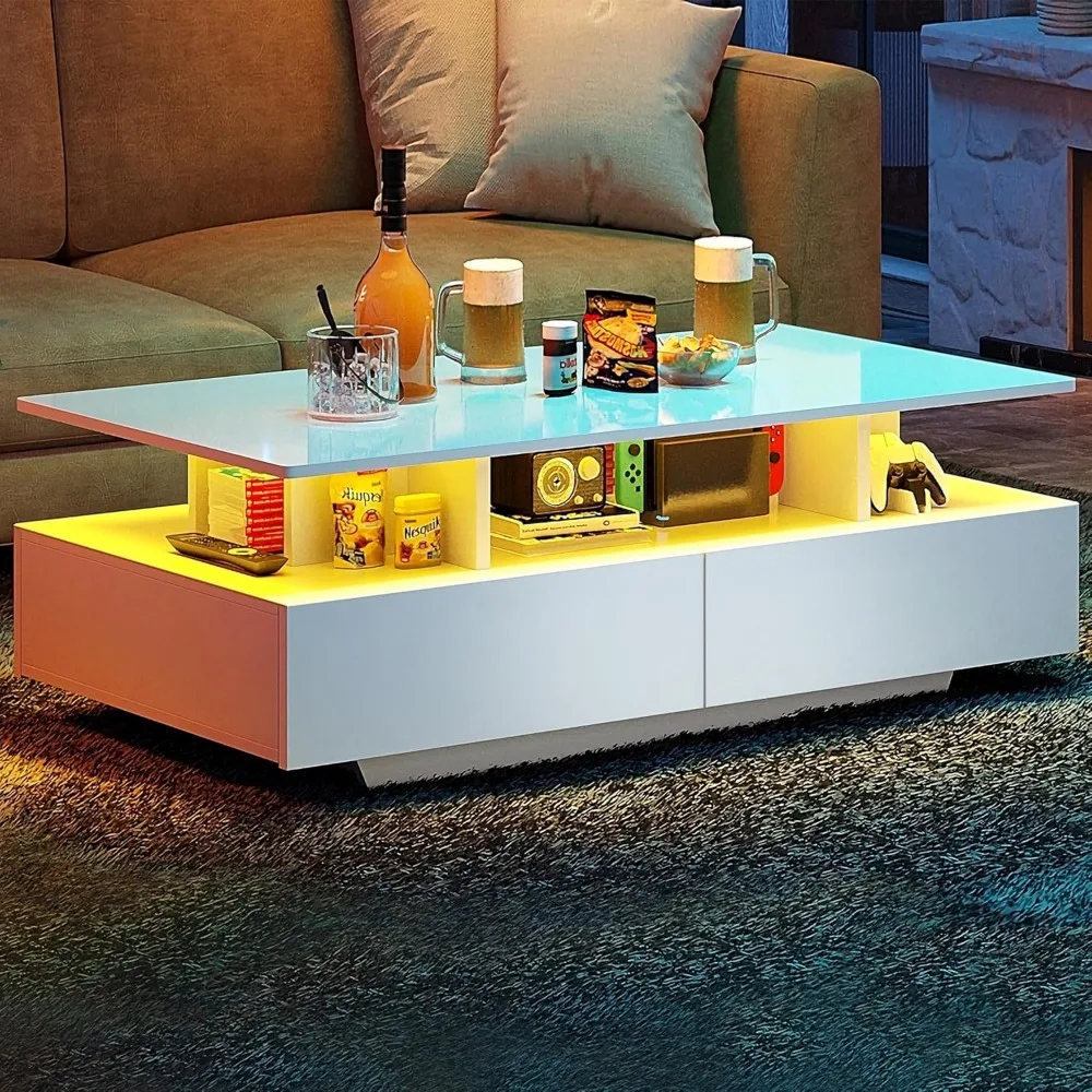 LED Coffee Table with Storage, High Glossy LED Coffee Tables for Living Room, Small Center Table with Open Display Shelf & Slid