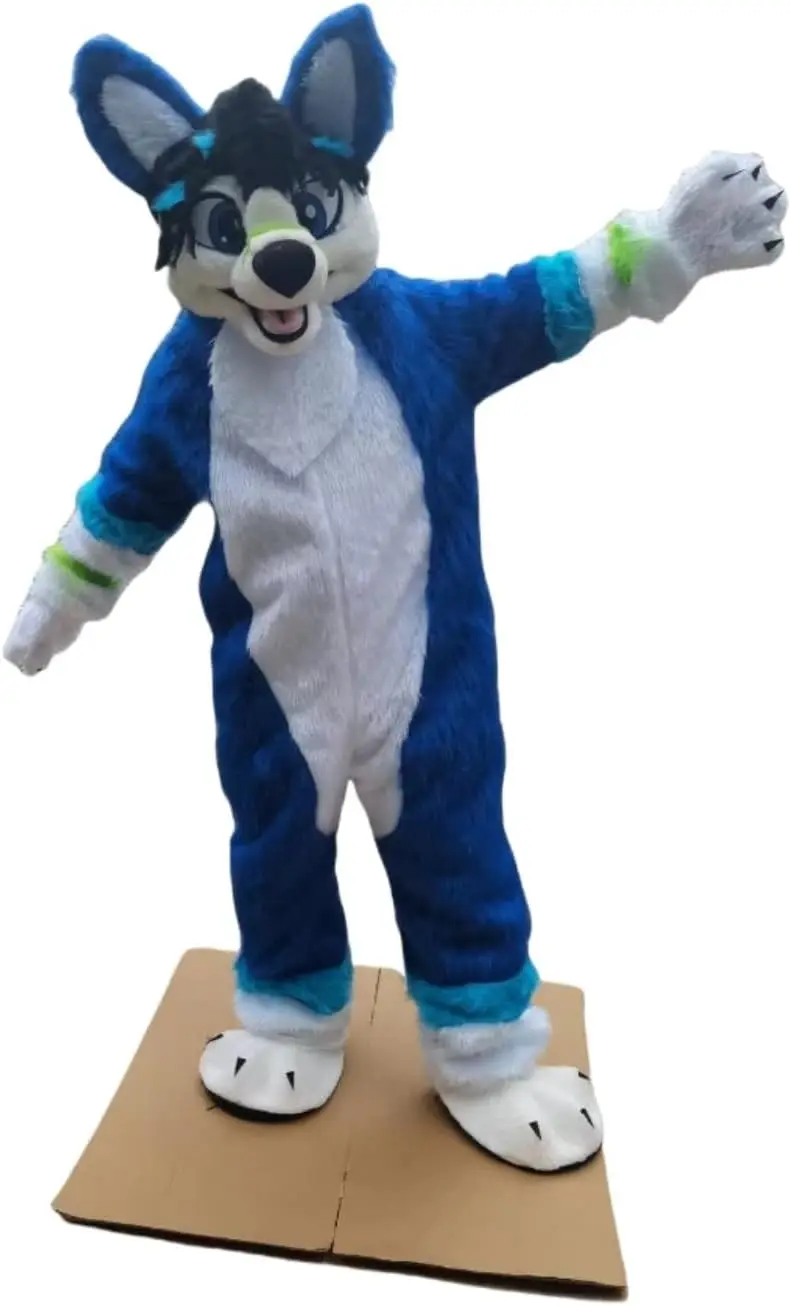 

Сине-белый длинный меховой меховой костюм хаски, лиса, собака, волк, костюм талисмана, пушистые костюмы, наряды для кукол с героями мультфильмов, нарядное платье на Хэллоуин и Рождество