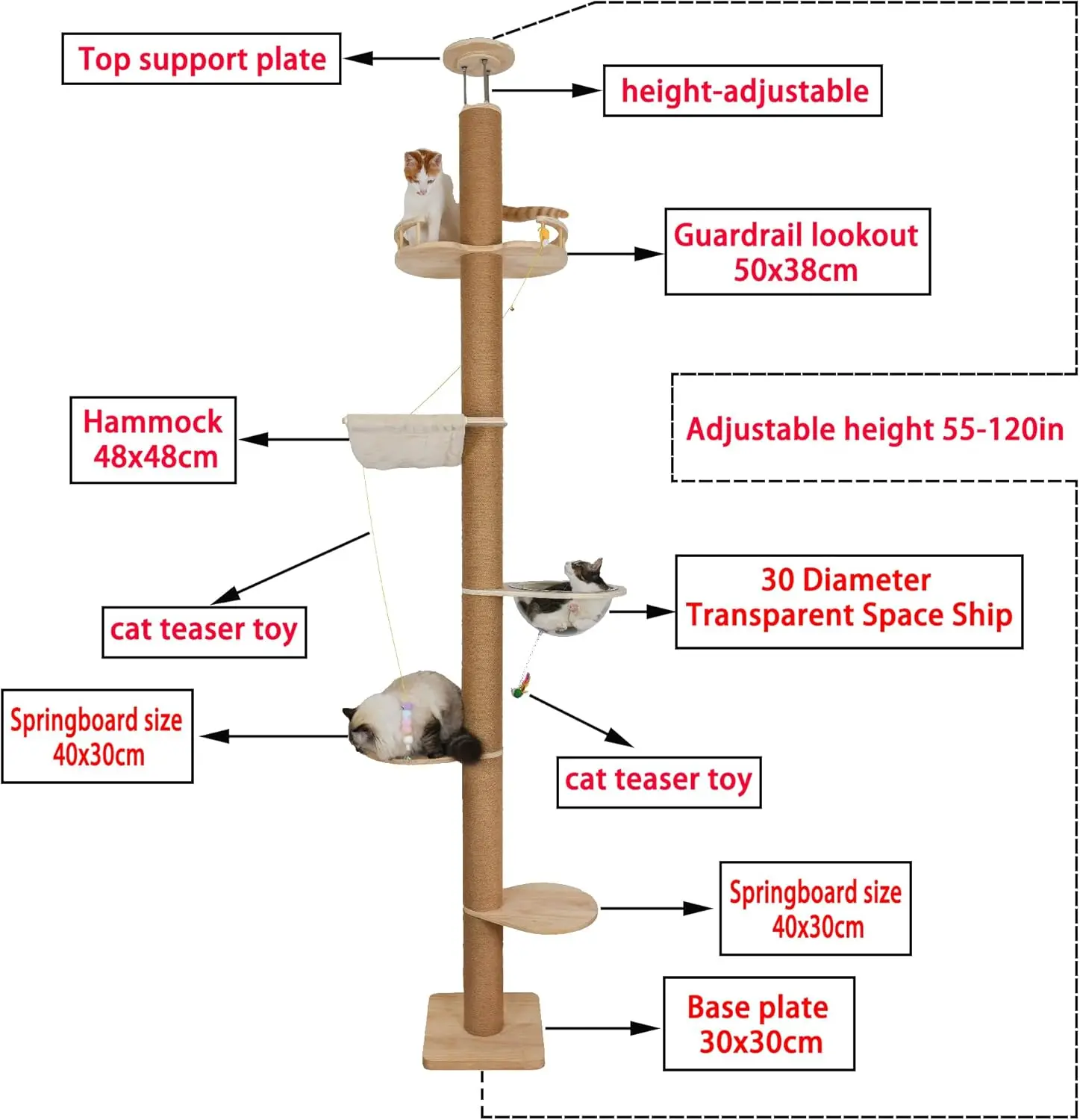 Floor Standing Cat Tree Height (50-120 Inch) Adjustable Cat Tower 5 Tier Hemp Scratching Post Tall Cat Tree Sturdy