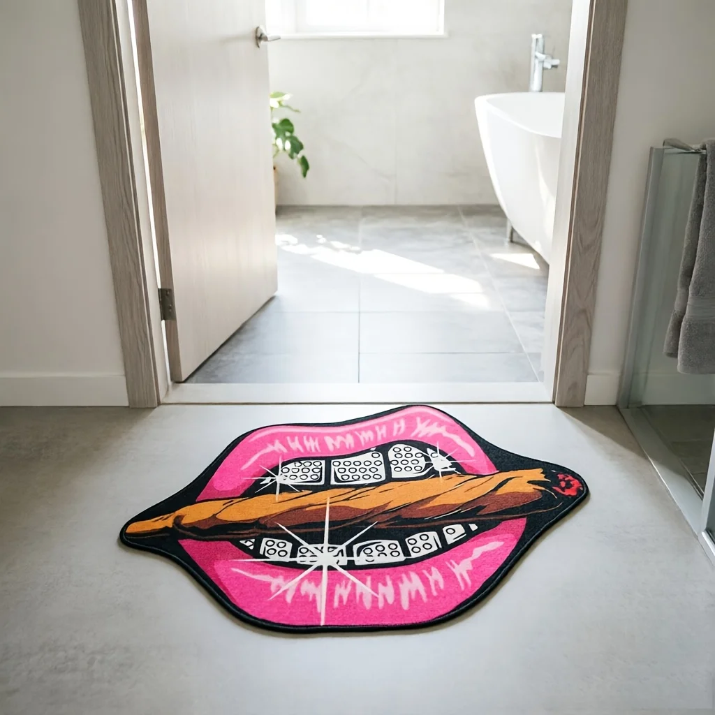 VIKAMA Irregular Lips Shaped Area Rug Cool Hip Hop Mouth Print Non‑Slip Soft Floor Mat for Living Room Bedroom Home Decor