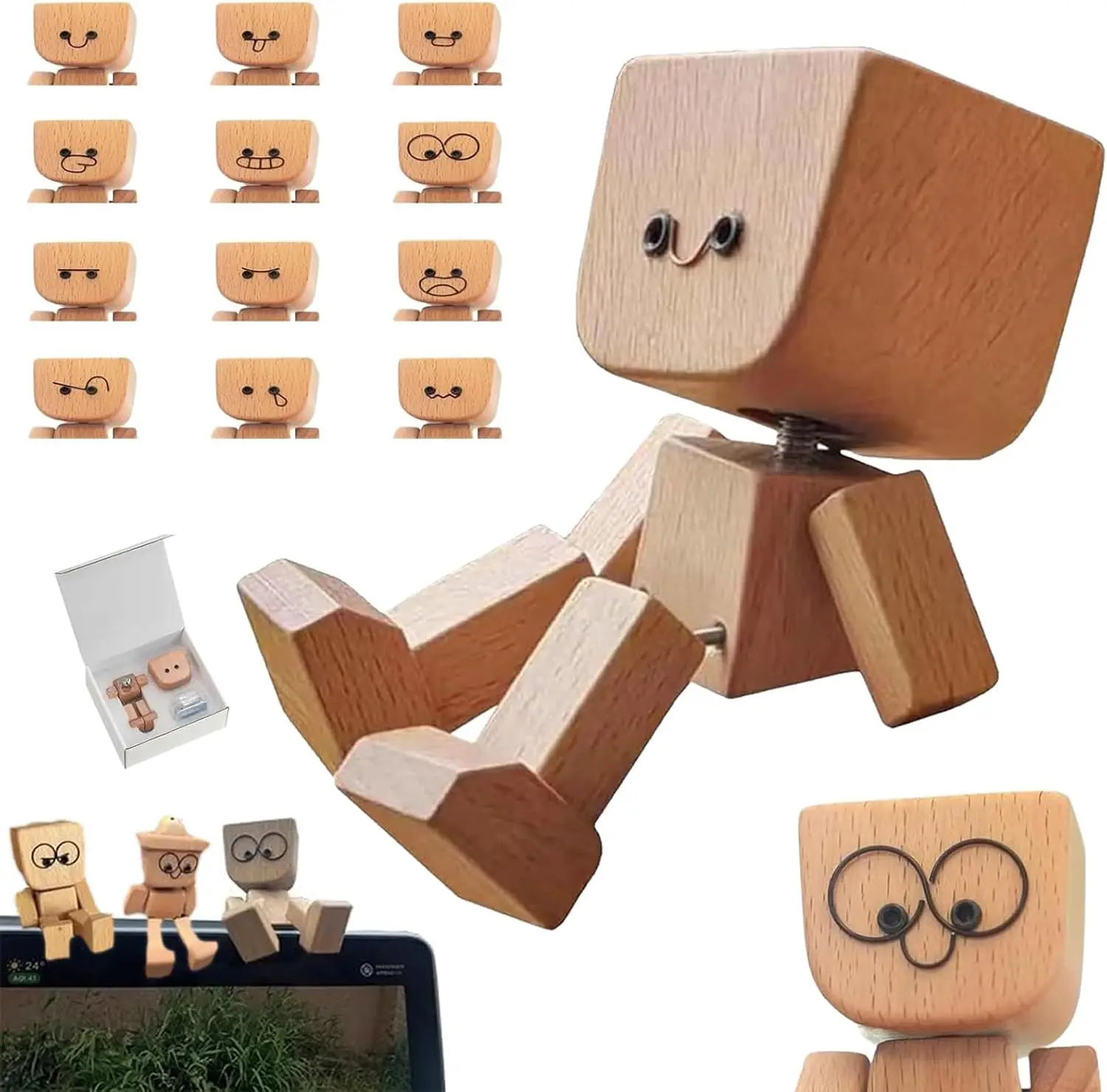 شخصية خشبية صغيرة ساحرة تهز الأقدام تمثال رجل خشبي زينة لوحة قيادة السيارة مع 12 قطعة تعبيرات مغناطيسية