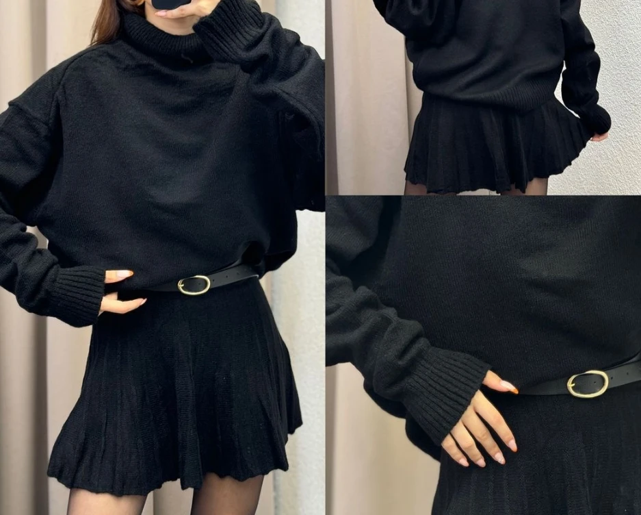 New Two Piece Women Outfit Autumn Winter Cropped High Neck long sleeve Knit Sweater Pullover Loose High Waist A Line Mini Skirt