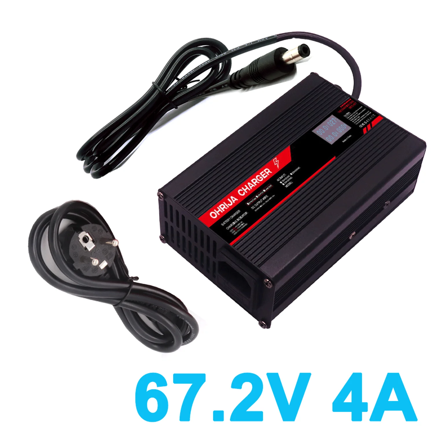 Caricabatterie agli ioni di litio 67.2 4A nero con display LCD, spina europea, caricabatterie intelligente per batterie di e-bike e scooter 16S 60V, all'ingrosso
