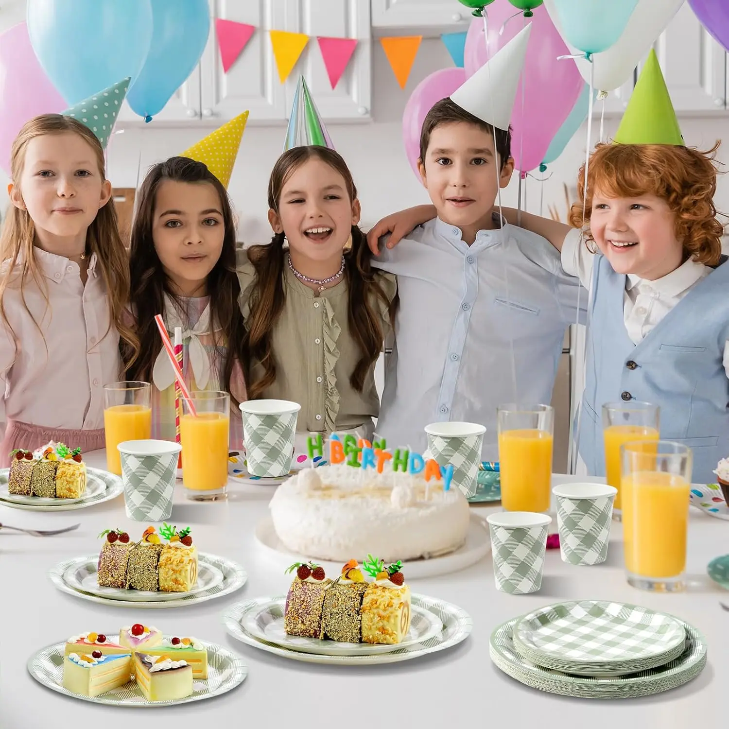 Spitzenmuster Grünes Kariertes Einweg-Geschirr, Pappbecher, Teller, Servietten, Tischdecken, Geburtstag Babyparty, Hochzeitsfeier-Zubehör – Detail 8
