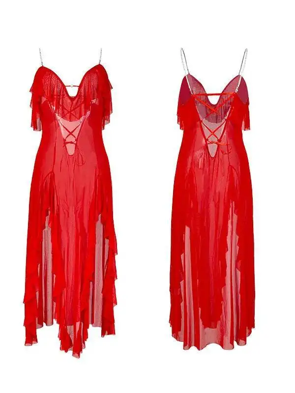 Transparante damesjurk High-end lange jurk Sheer Mesh Verleidelijk Ruglooze Mouwloos Sexy Elegante Jurk Vouwjurk Charmant W81R