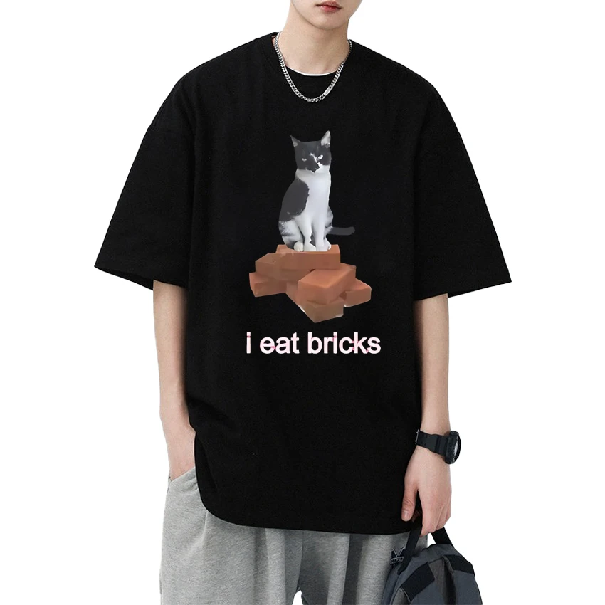 

Summer I Eat Bricks Cute Cat Funny Meme Graphic short sleeve T-shirts Men Women harajuku Oversized T shirt Unisex Cotton Tops
