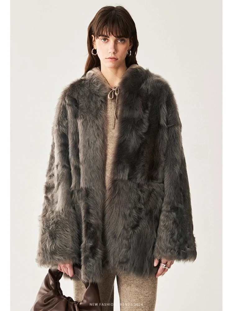 

High-end Luxury Natural Lamb Fur Shearling Jackets for Women Simple Stand Collar Mid-length Winter Genuine Leather Real Fur Coat