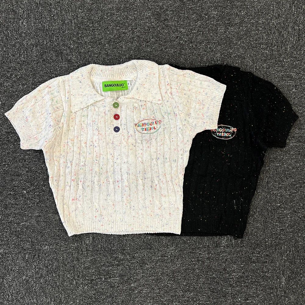 ウェアラブルな非軽量タイプのアメリカンバイブハイストリートy2kショートニットtシャツ、ラップスタイル、トレンドカジュアルファッショントップス