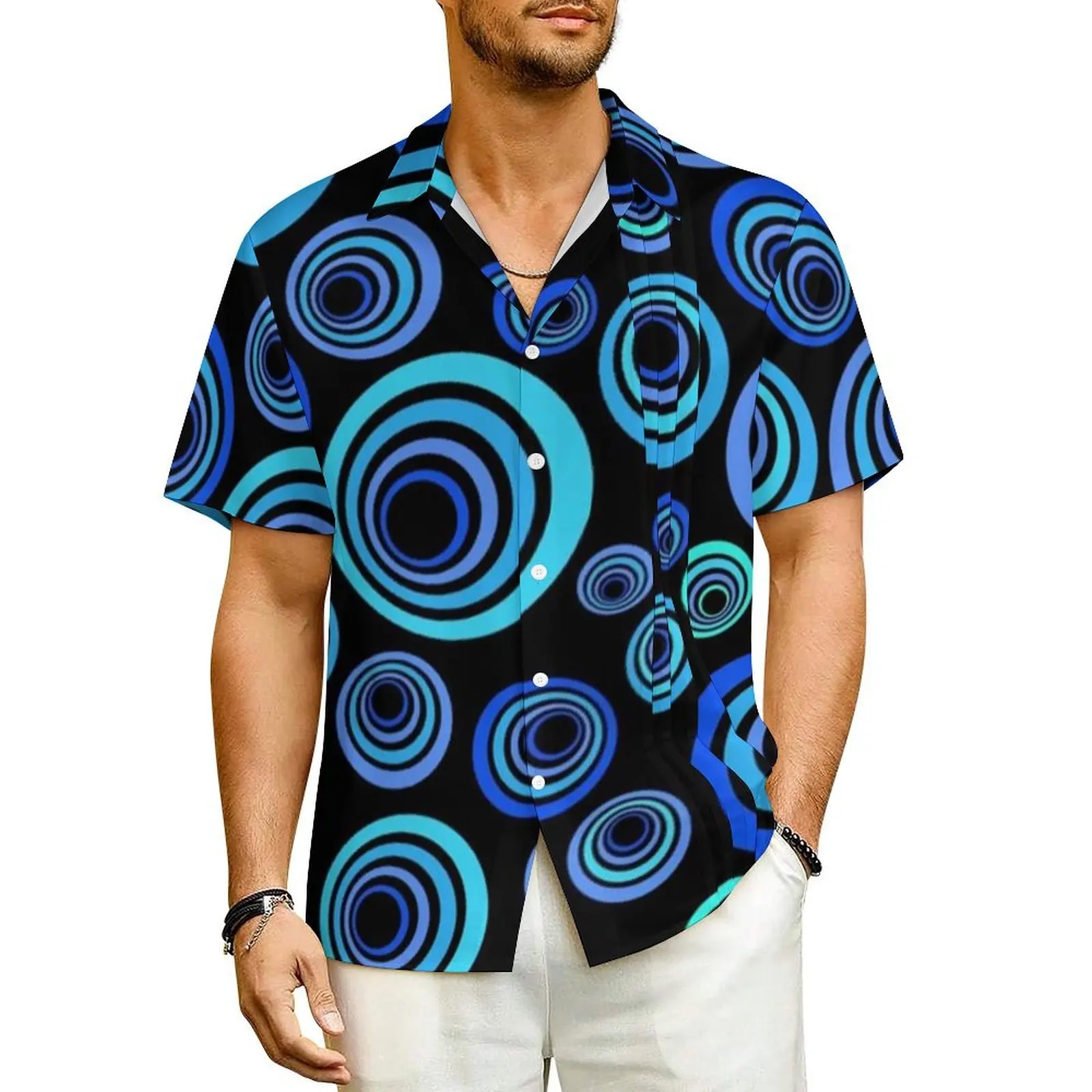 

Hawaiian Shirt Beach Pretty Blue Circles Blouses Retro Pop Art Vintage Casual Shirts Men Short-Sleeved Streetwear Oversized Tops