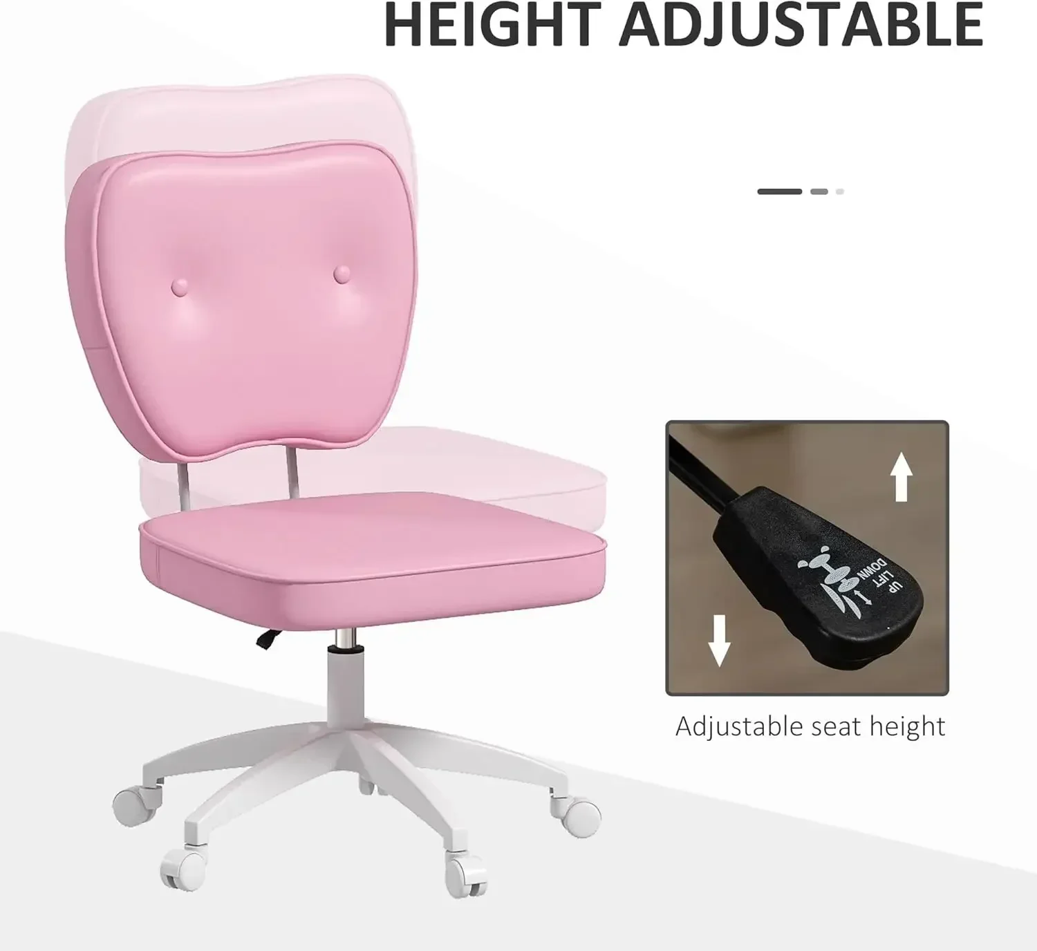 Cute Armless Office Chair, Small Pu Leather Computer Desk Chair, Vanity Task Chair With Adjustable Height, Swivel Wheels, Mid