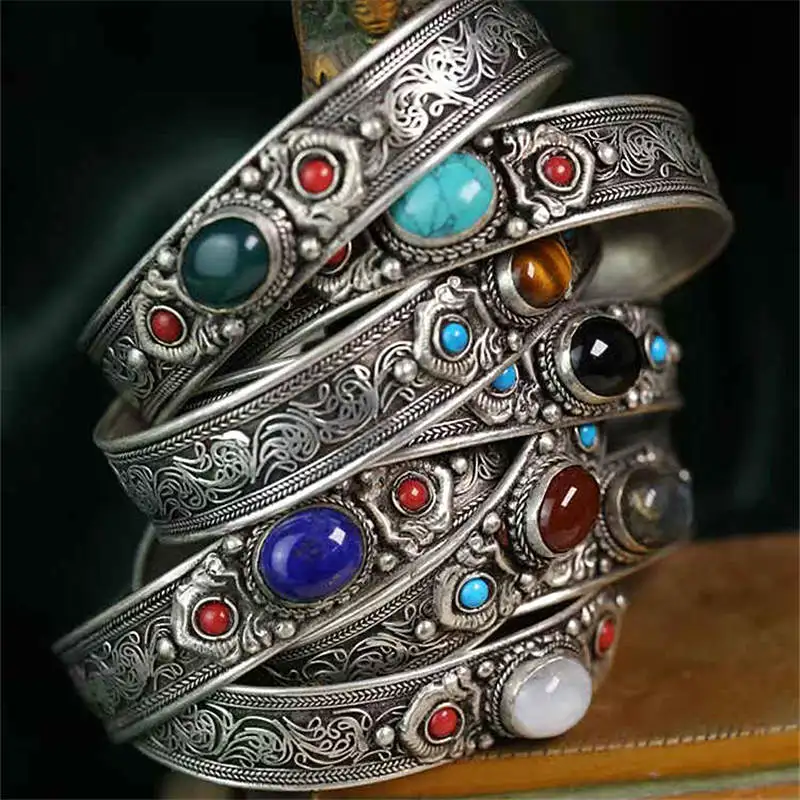 Tibetan Jewelry Copper Inlay Natural Stone Bead Wide Open Cuff Multi Stones 2024 Fashion Trend BB-007