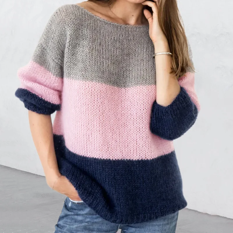 

Casual Loose Striped Knitted Pullover Sweater For Winter Women's Pullovers 2023 New Contrast Knitted Tops Fashion Mahi Sweater