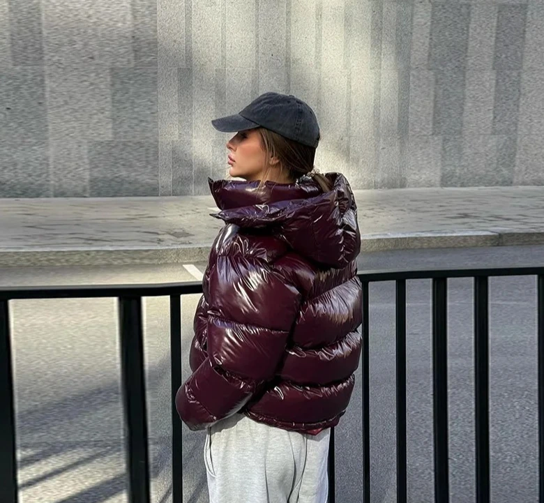 Capispalla caldo casual da donna invernale NewChic giacca trapuntata con cappuccio lucida da donna colletto alla coreana manica lunga cerniera cappotto imbottito solido