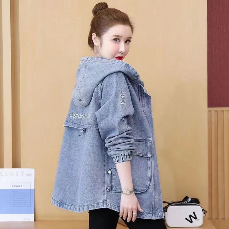 2023 New Autumn Denim Jacket Coat Women Long Sleeves Vintage Windbreaker Female Long Jean Jacket Loose Outerwear Tops 4XL