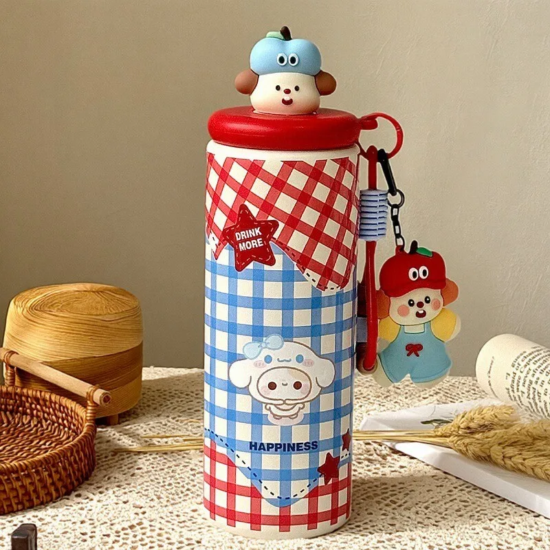 450 مللي سينامورول سانريوس أنيمي ترمس من الفولاذ المقاوم للصدأ كوب Kawaii مستقل مستودع الشاي كوب مفرغ الكرتون كوب بقشة هدية