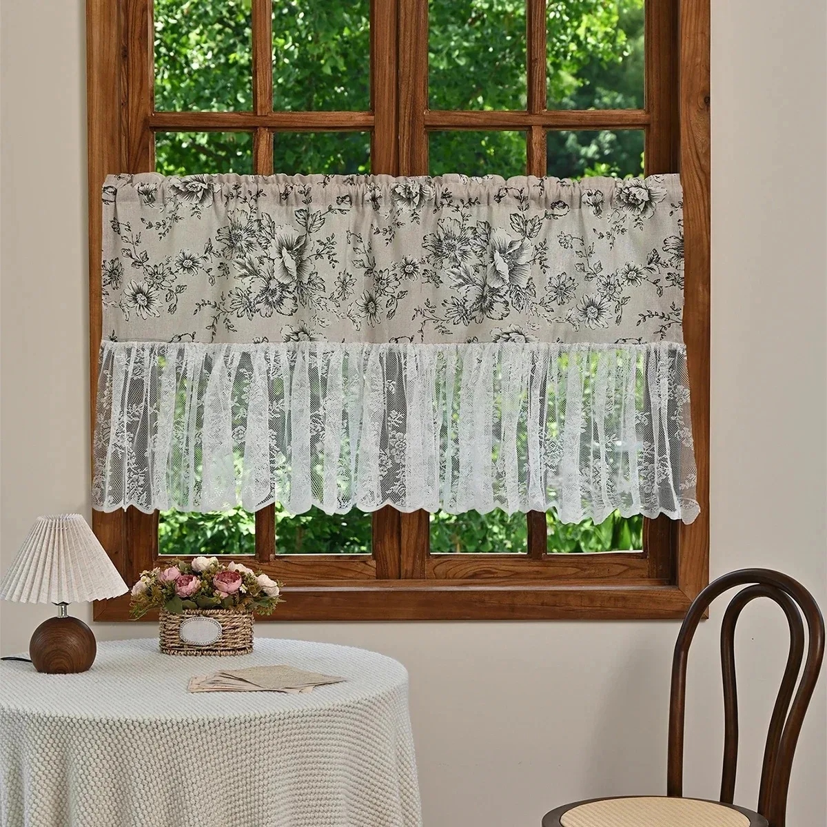 1 Stück Pfingstrosen-Blumen-Kurzvorhang, kleine Vorhänge mit Spitzenspleißung für Küche, Badezimmer, Wohnzimmer, Schlafzimmer, Heimdekoration