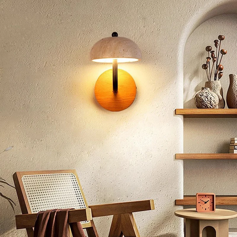 

Nordic Indoor Home Decor Travertine Lamp Stone Material Acrylic Shade Wood Base Wall Lamp LED Bedroom Night Industrial Lustres