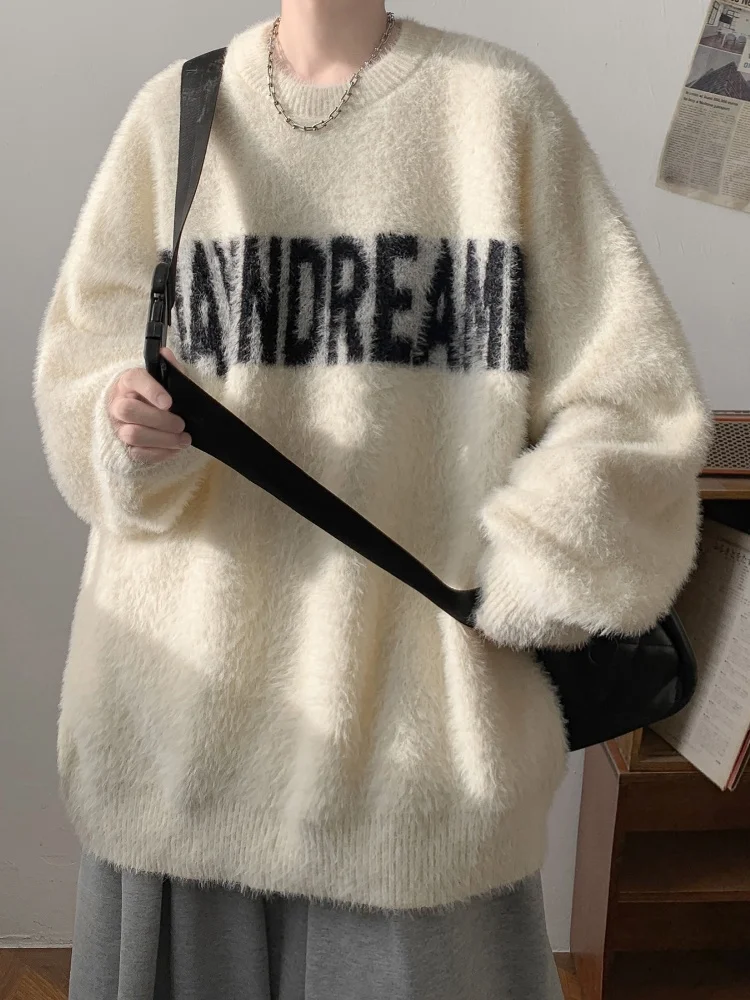 

Мягкий вязаный свитер из искусственного меха с буквенным принтом, круглый вырез, для мужчин, осенне-зимняя повседневная одежда, удобный свободный крой, длинный рукав