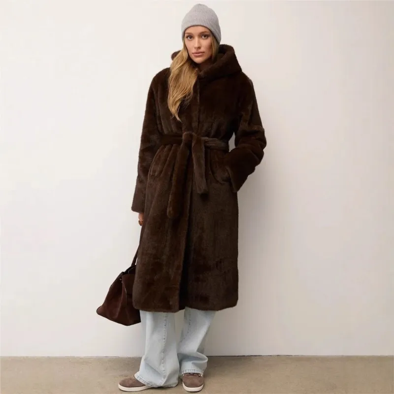 New mixed fur coat for women long hooded and belted artificial