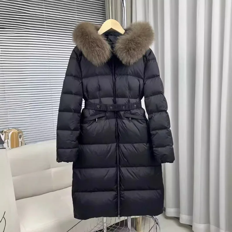 Long Style Fox Fur Collar Hooded 90% White Duck Down Coat Women Fashion Zipper Front Slim Waist Winter Thick Puffer Jacket