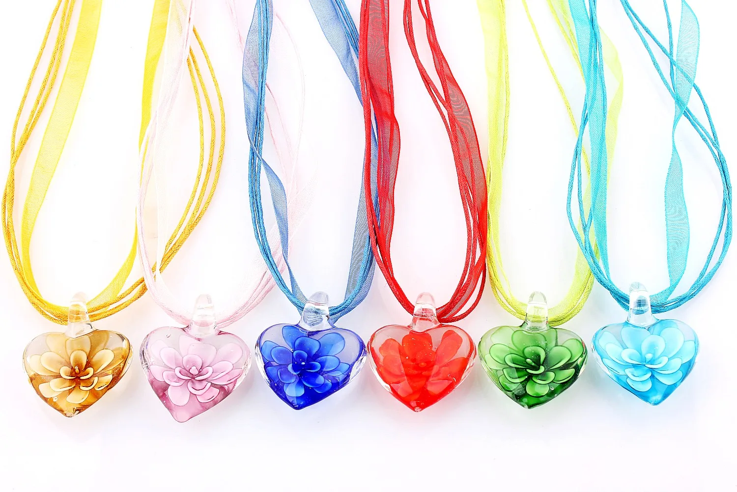 Fashion Wholesale lots 6pcs Handmade Murano Lampwork Glass Mixed Color Inside Rose Flower Pendants Silk Cords Necklace New