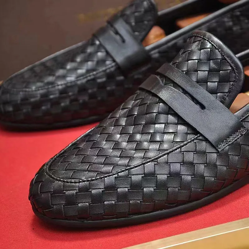 Hand-woven Loafers Black Oxford Shoes Genuine Leather Classic Style Dress Leather Shoes  Casual Round Toe Formal Shoes Men New