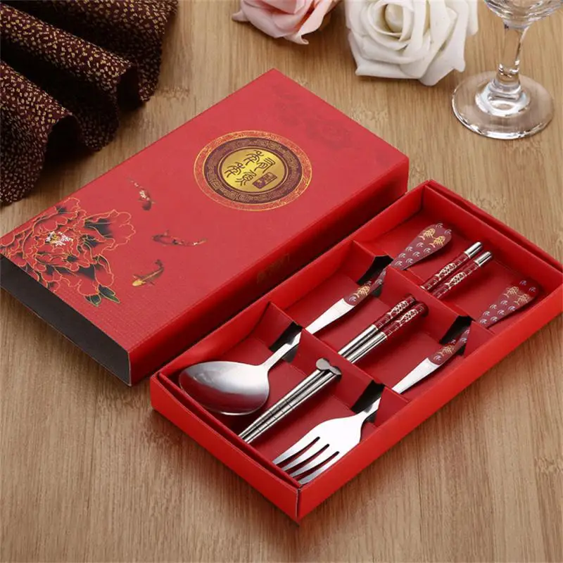 3pcs of Blue and White Porcelain Tableware Stainless Steel Chopsticks Spoon Fork Gift Box Portable Travel Tableware Set