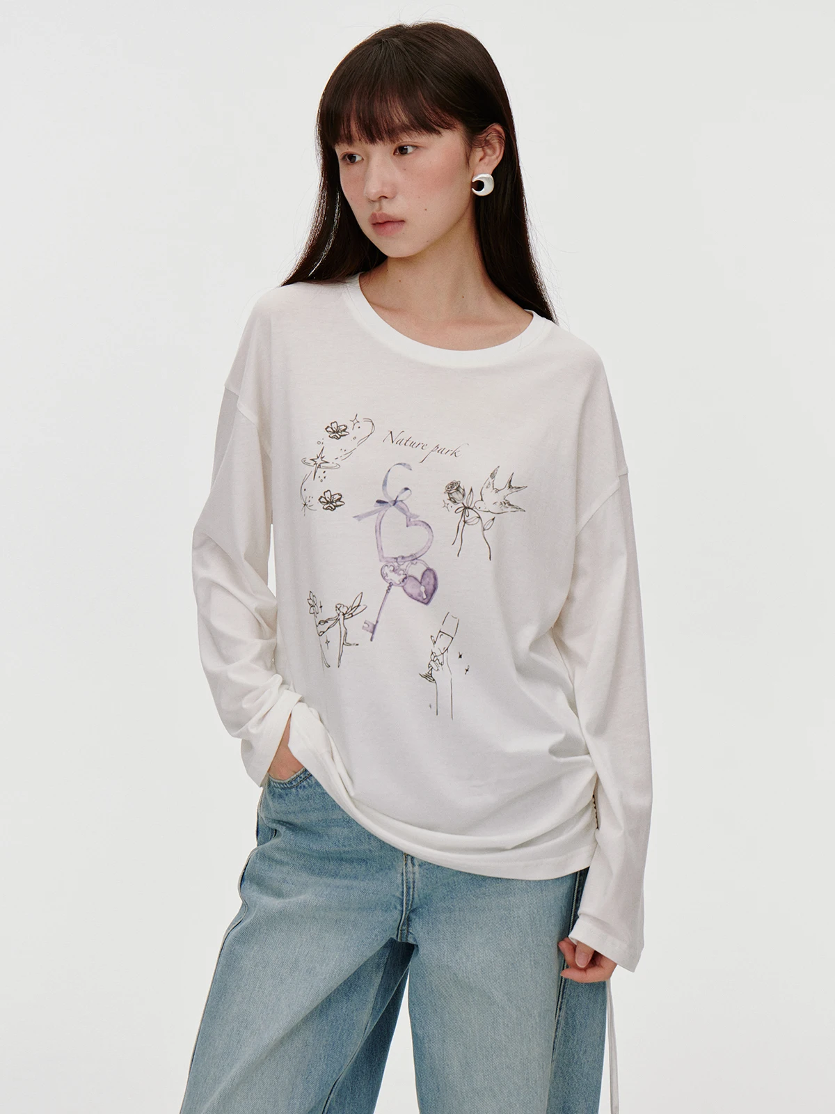 

nt Женская футболка Long Sve с круглым принтом Ne, повседневная свободная весенне-осенняя дизайнерская футболка с завязками, удобный моющийся топ