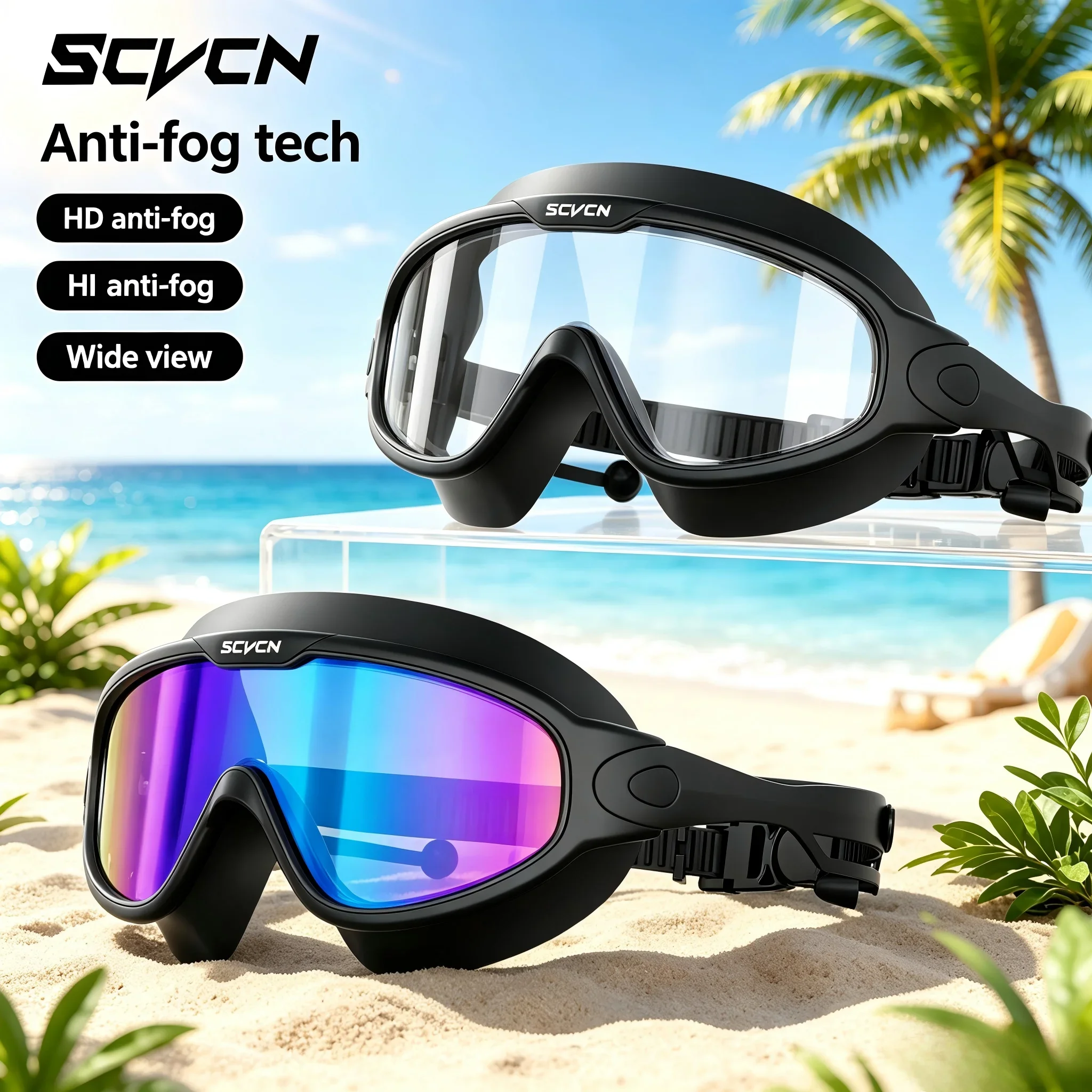 SCVCN Large Frame Swim UV400 Goggles HD Anti-Fog Waterproof Silicone Swimming Glasses Adult Competition Surf Beach Snorkeling