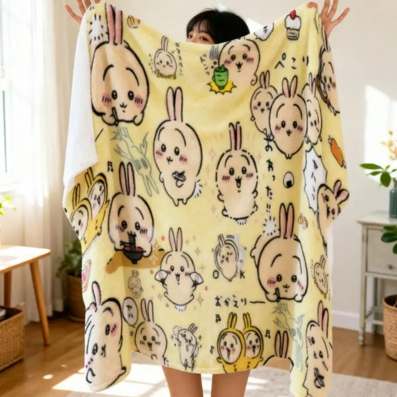 Kawaii Chiikawa Flannel Thin Blanket Usagi Hachiware Office Nap Air Condition Throw Blanket for Student Dorm Sofa Travel Blanket