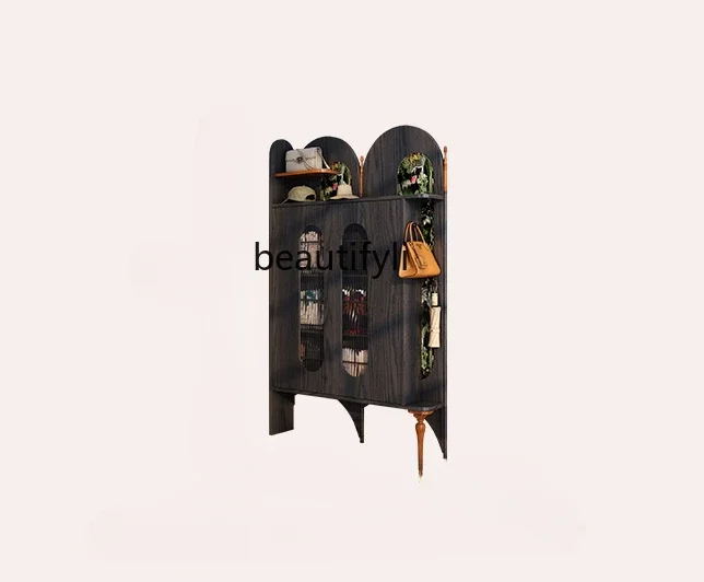 

Shoe cabinet, coat rack integrated household door against the wall, black solid wood ultra-thin storage shoe cabinet