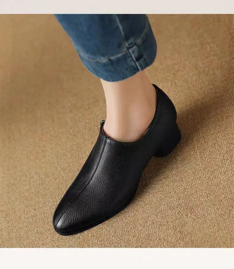 Retro soft sheepskin French style spring and autumn women's brown women's boots with leather zipper thick heel ankle boots