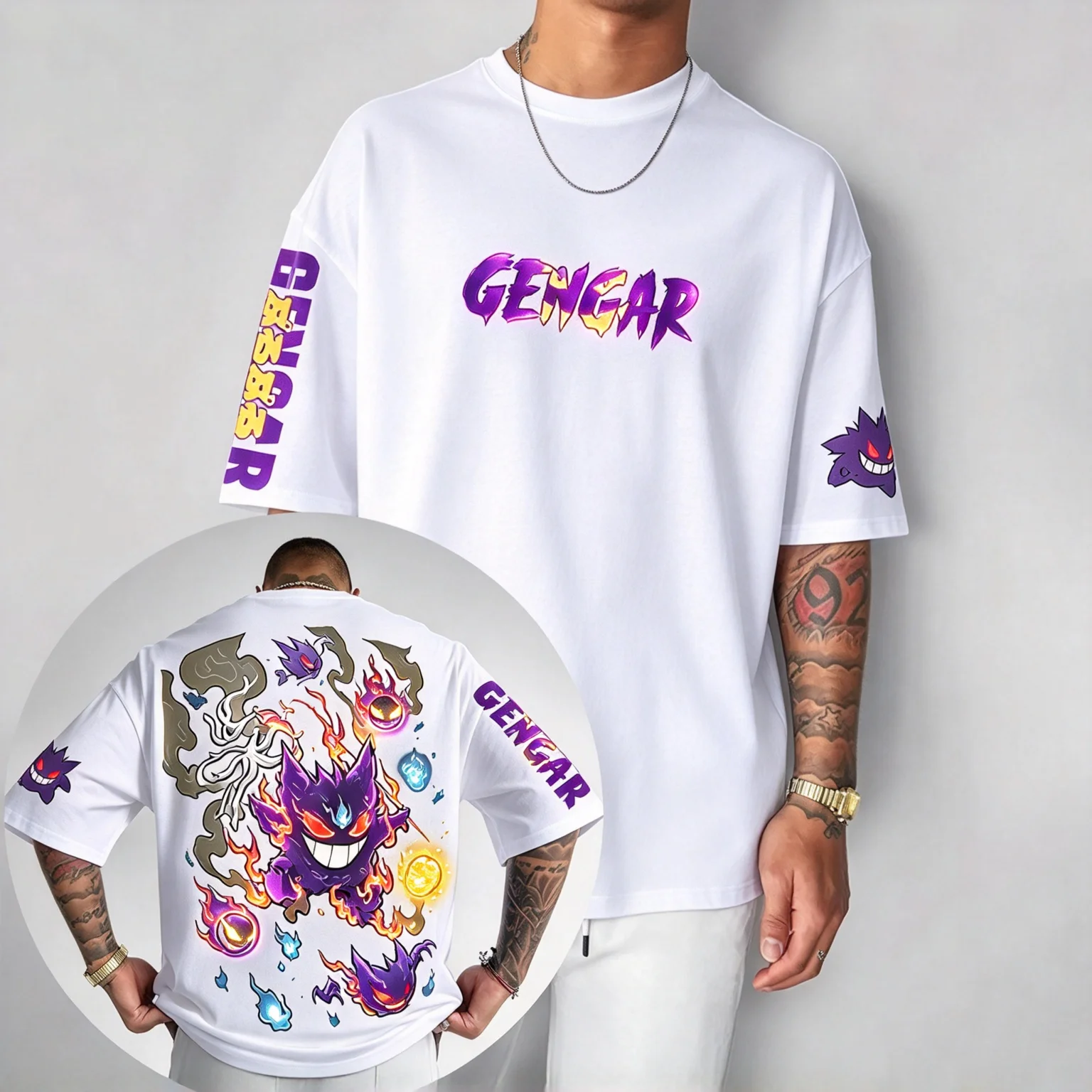 camiseta-branca-masculina-e-feminina-com-estampa-grafica-retro-e-moderna-do-pokemon-gengar-tema-fantasma-venenoso-e-escuro-manga-curta-oversized-estilo-streetwear