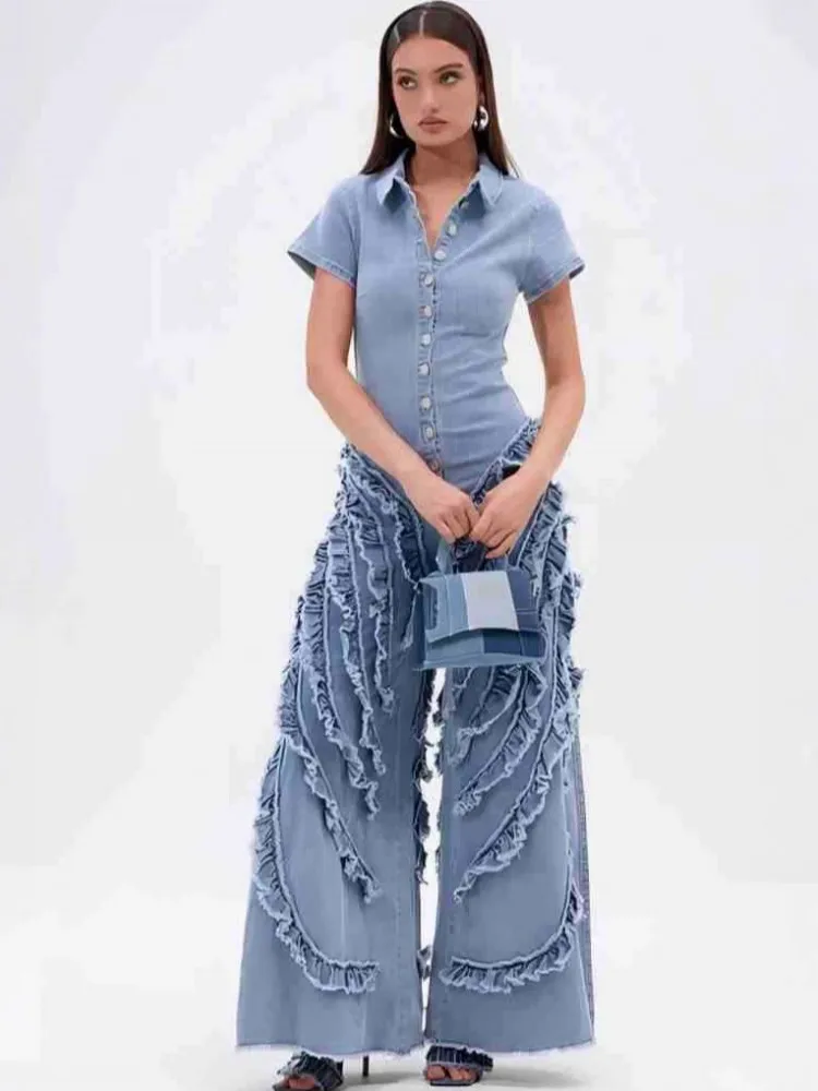 솔리드 컬러 여성 점프수트 데님 진 반팔 루즈핏 패션 스트리트웨어 오버올 와이드 레그 팬츠 트라우저 2025