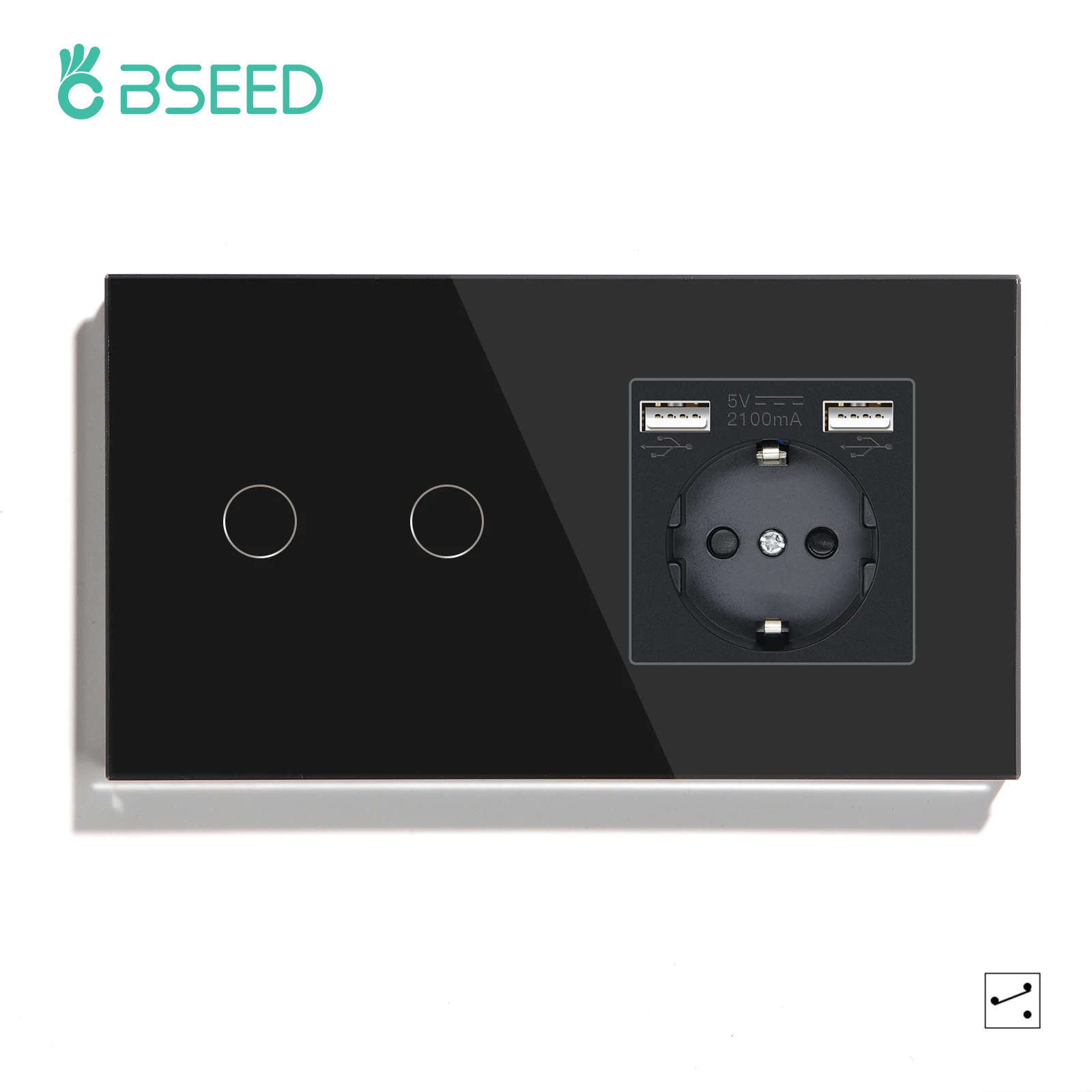 BSEED EU-Standard 1/2/3 Gang 2-Wege-Wand-Touch-Schalter Lichtsensor-Schalter Steckdose USB Typ-C Kristallglasscheibe 240 V Schwarz
