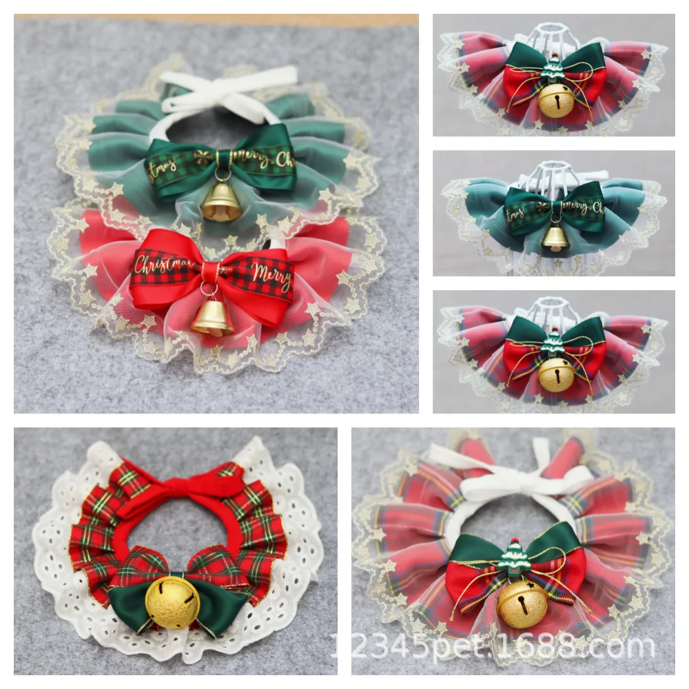 

Pet Christmas necklace detachable bell bow delicate hand stitched pieces, cat, dog, holiday collar Christmas element decorations