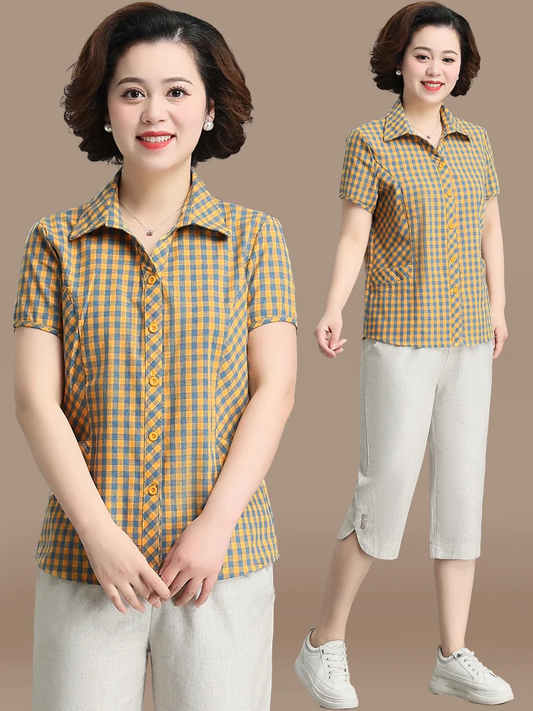 

Faionable Plaid Cotton Linen irt ort Sve Thin Sle Casual Summer Outfit for Mom Middle-Aged Women New 2025 Model