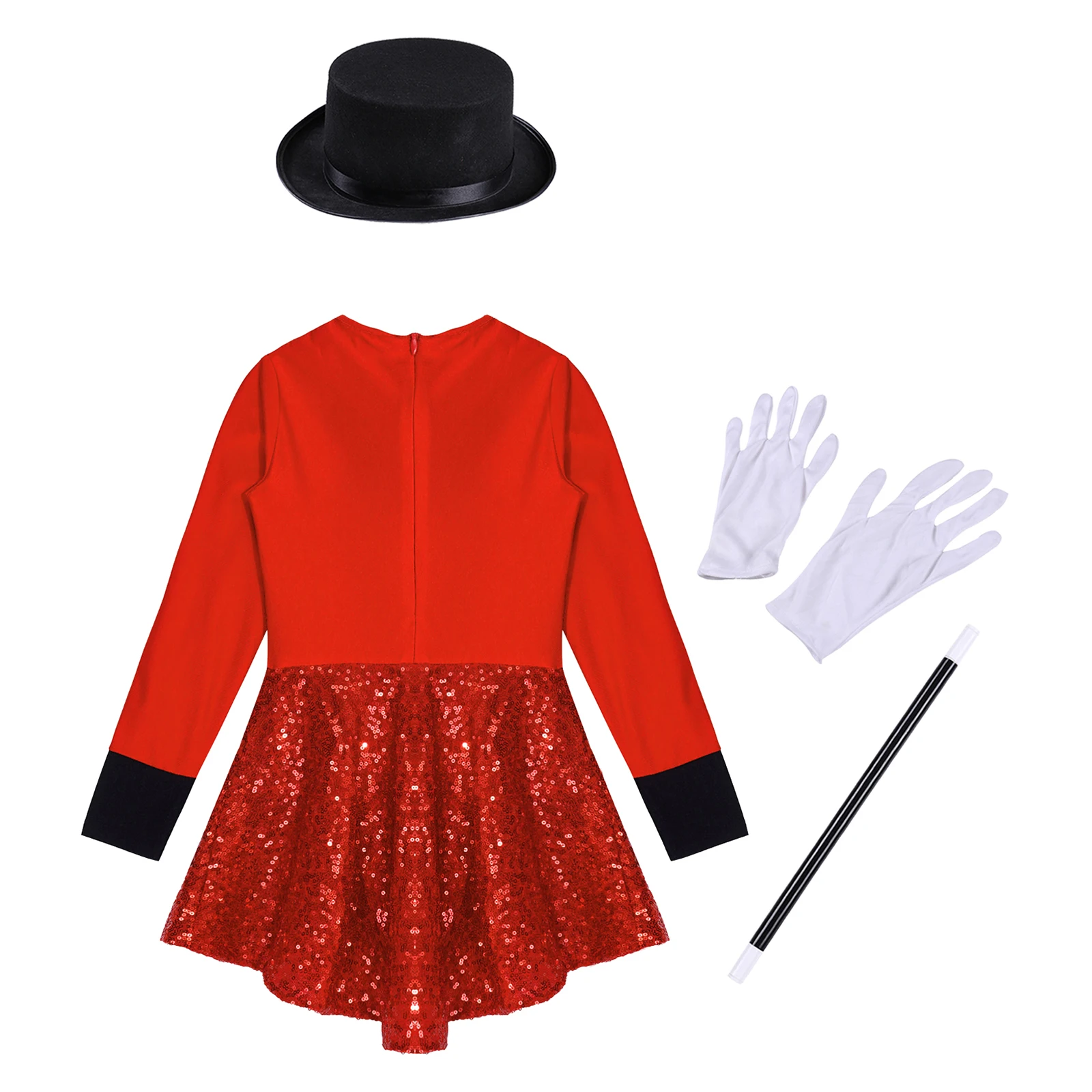 Halloween Magician Costume Kids Girls Long Sleeve Sequin Leotard+Hat+Magic Wand+Gloves for Carnival Party Cosplay Performance