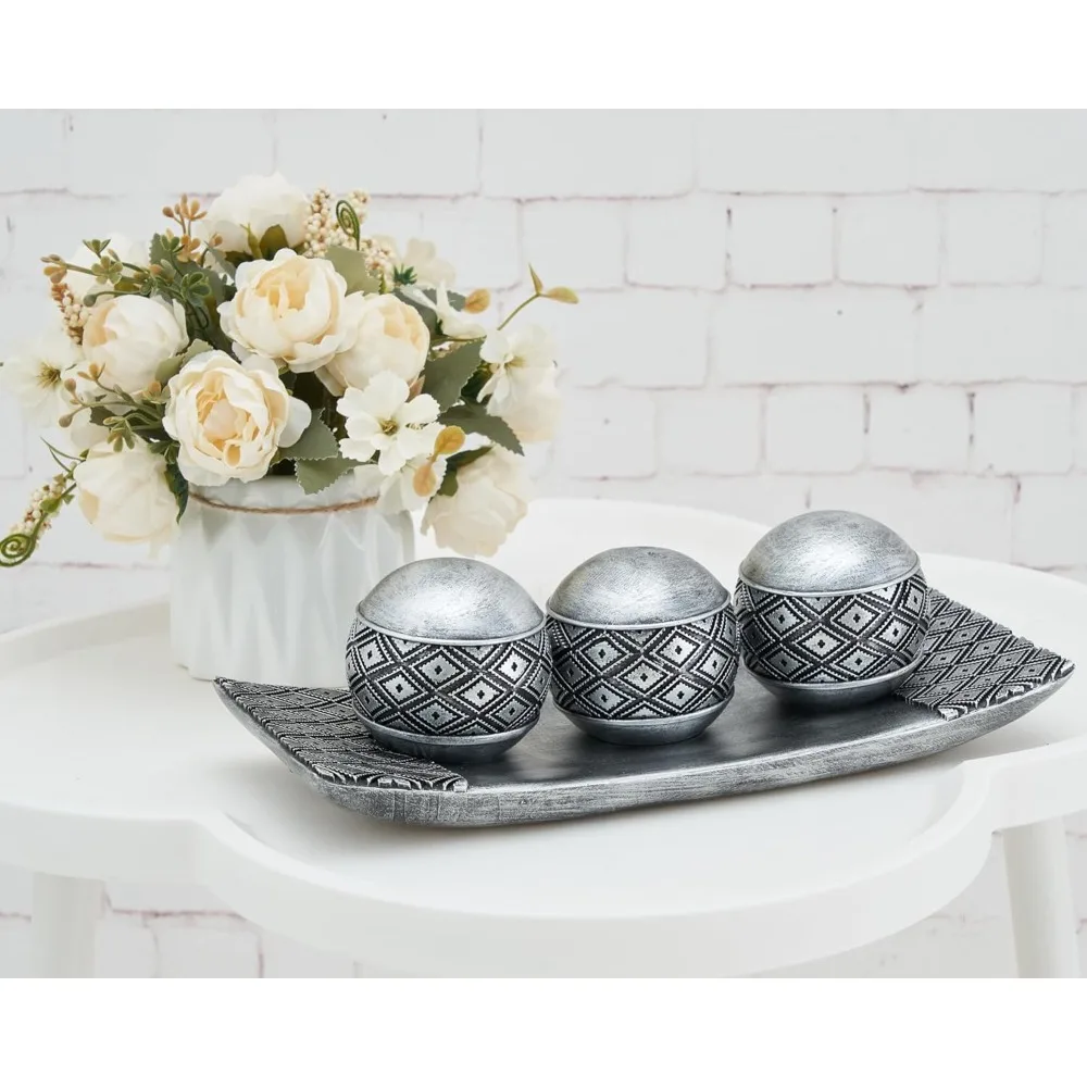 

Retro Decorative Sphere Orbs Set of 3 with Tray Bowl for Centerpiece Table Decoration, Antique Accent Center Piece