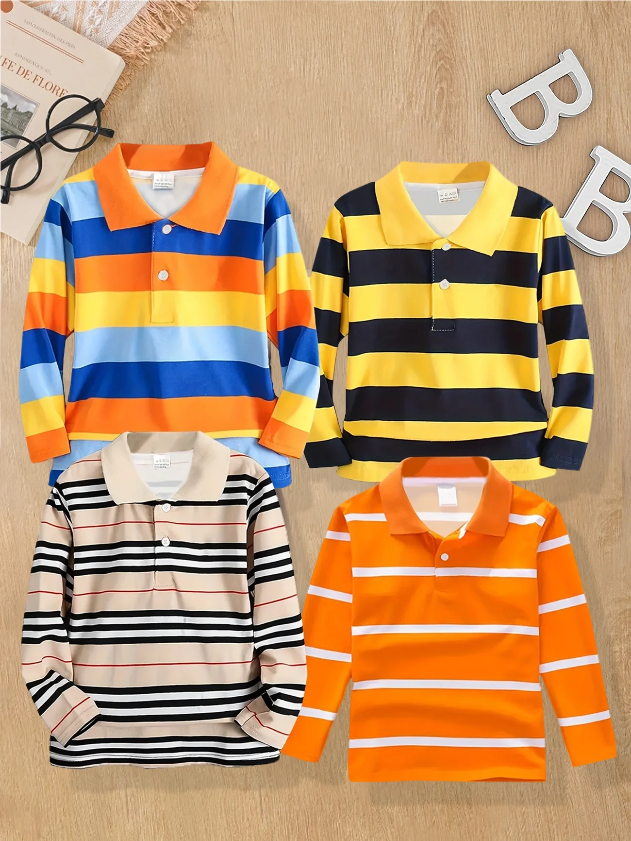 

A 4-Piece Striped Long-Sleeved Polo Shirt For Boys In Autumn, With A Variety Of Color Combinations, Is Suitable For Children To