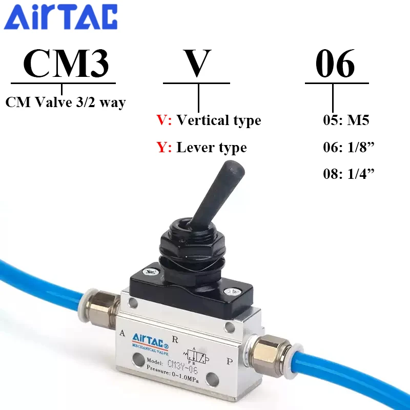 AirTAC CM3V05 CM3V06 CM3V08 CM3Y05 CM3Y06 CM3Y08 3/2 Way Vertical Lever Type Air Pneumatic External Control Mechanical Valve