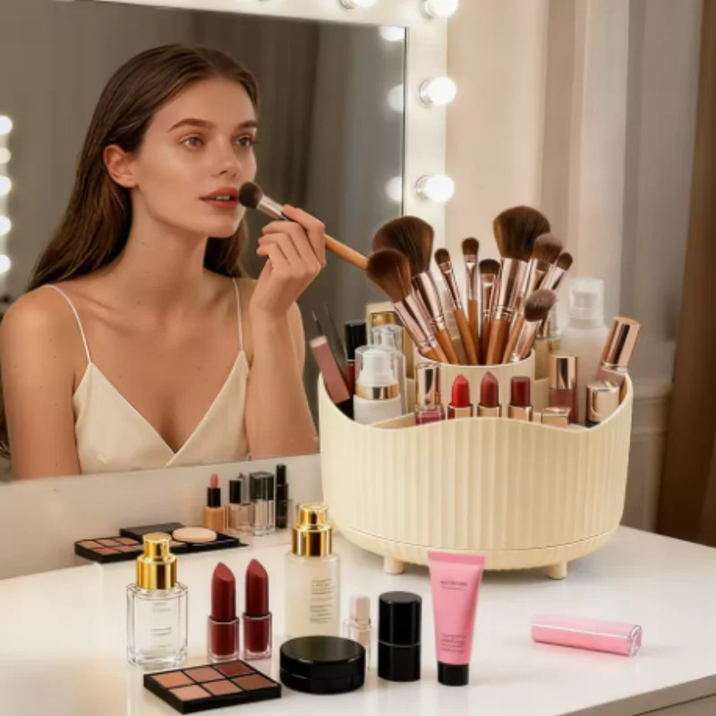 Rotating Makeup Organizer Cosmetic Display Case with Brush Holder Perfume Tray Storage Carousel for Vanity Bathroom Countertop
