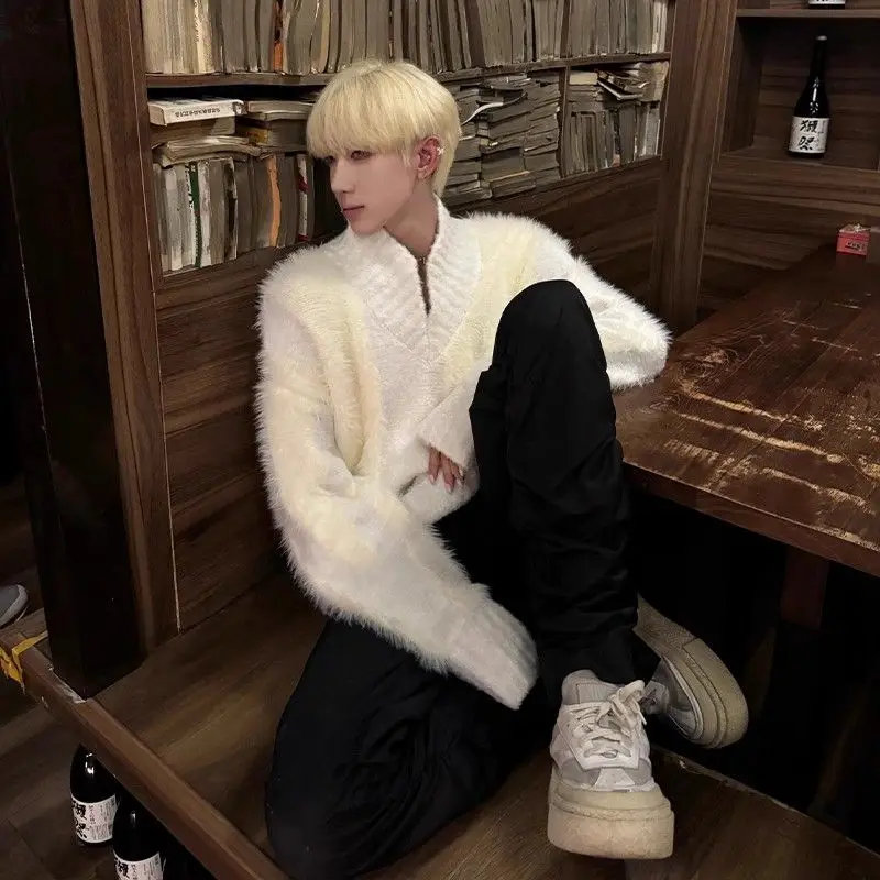 플러시 하이 칼라 남성 니트웨어 겨울 레이지 스타일 프리미엄 느낌 브이넥 울 블렌드 코튼 베이스 레이어 화이트 스웨터