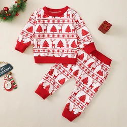 Baby Boys Christmas Pants Sets Long Sleeve O Neck Christmas Tree Elk Print Tops Pants Sets