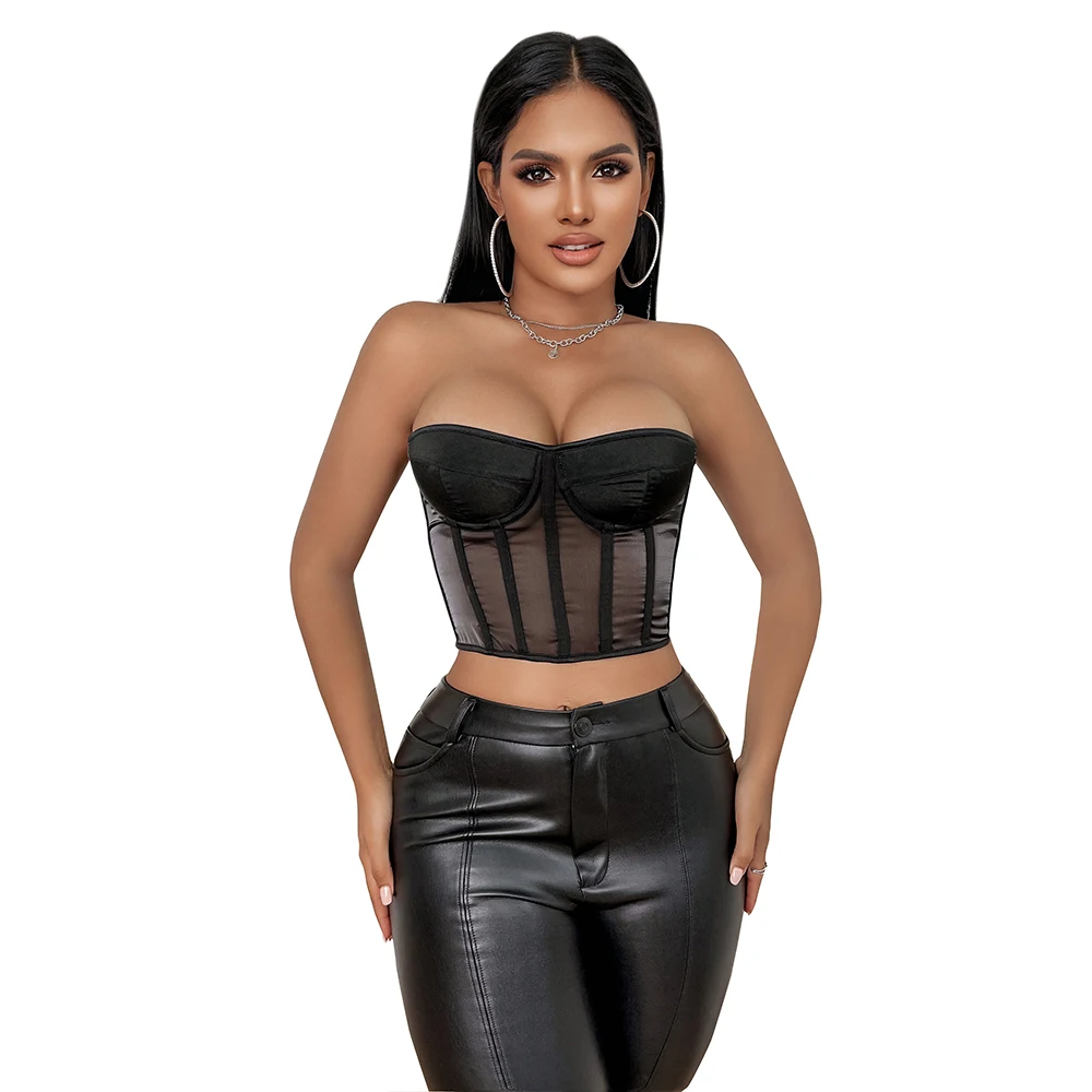 

Women Bra Bustier Top Strapless Corset Lacing Ribbon Adjustable Mesh See Through Underwire Crop Top