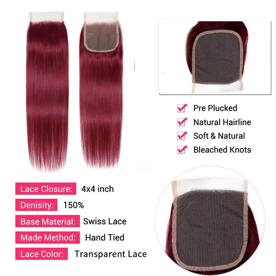 99J ตรงปิดสีน้ําตาลแดงตรงผมมนุษย์ 4x4 ปิด Burgundy Bundles Human Hair