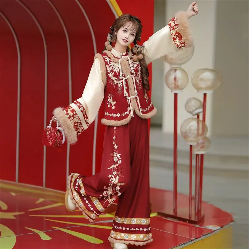 Original New Chinese Hanfu Women's New Winter Velvet Daily Work Wear Improved Pants Set Exquisite Simple Fashion Trend Features
