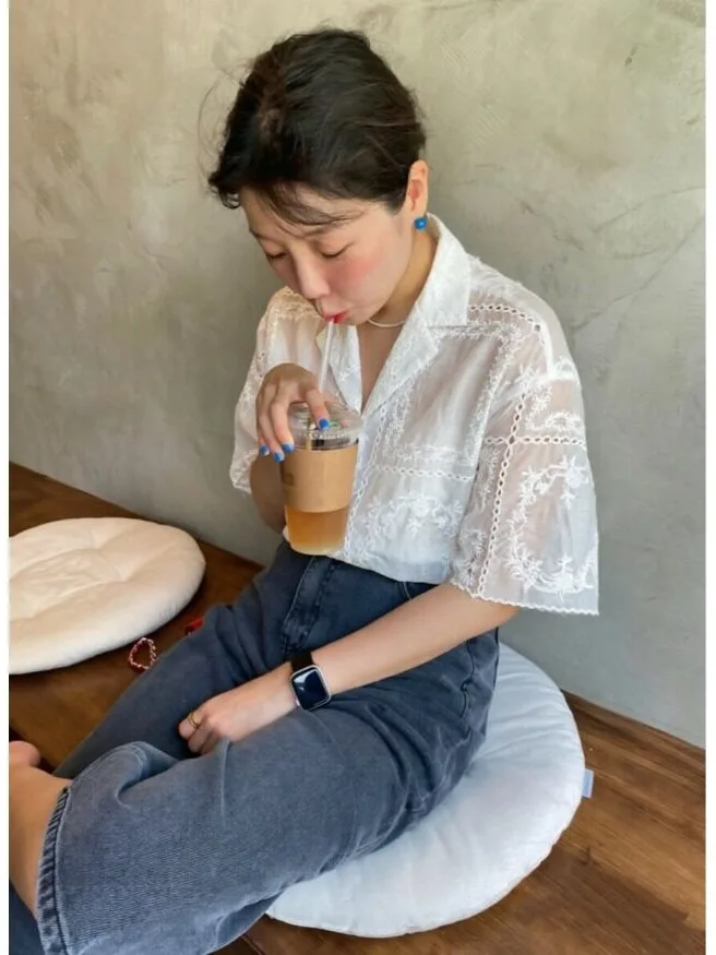 Retro Chic Embroidered Short Sleeve Shirt Women's Summer New Style Elegantly Tailored Loose Single Button Collared Top