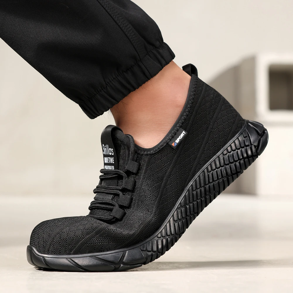 Schwarze Arbeitssicherheitsschuhe, Arbeits-Sneaker mit Stahlkappe, pannensichere, unzerstörbare Schuhe, Schutzstiefel, Sicherheitsschuhe, rutschfest