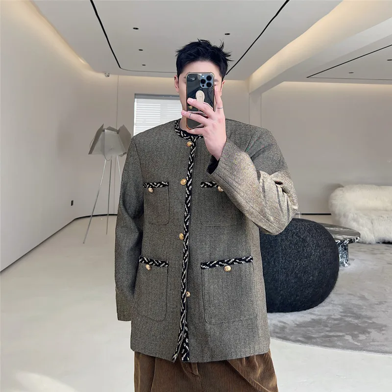 

Весенняя модная мужская куртка без воротника, повседневная, универсальная, с отложным воротником, длинными рукавами, свободного кроя, в уличном стиле